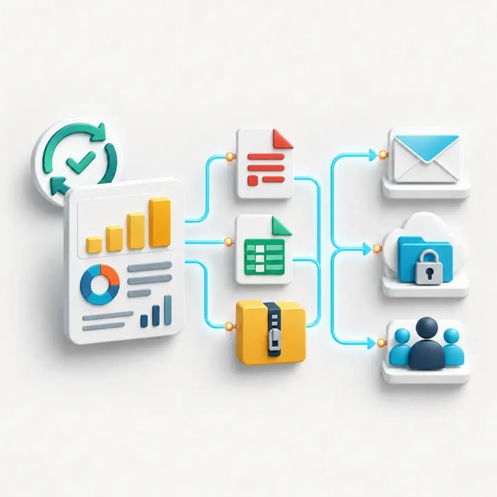 PBRS exports an updated Power BI report into multiple formats and delivers it by email, to recipients and a secure cloud folder.