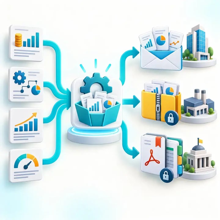 Multiple Power BI reports are assembled into personalized email attachments, secure ZIP files and combined report packages for external organizations.