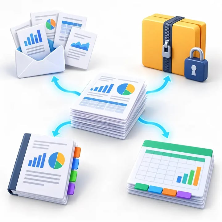 PBRS assembles multiple reports as separate email attachments, a secure ZIP archive, a bookmarked document or a multi-tab workbook.