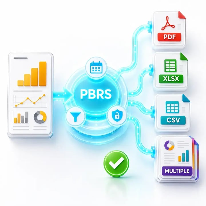 A Power BI report passes through a bright PBRS workflow and is automatically exported to PDF, Excel, CSV and multiple report outputs.