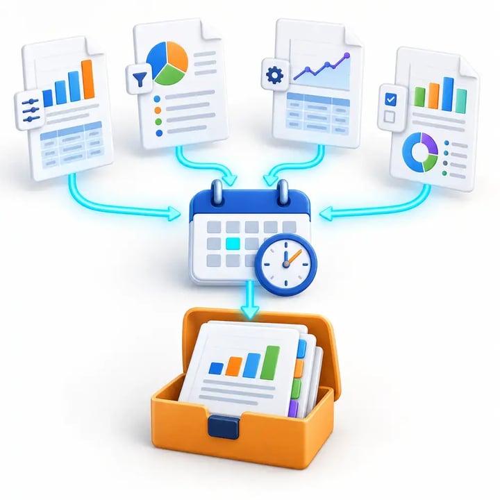 Multiple independently configured reports flow through one PBRS schedule and are assembled into an ordered report package.