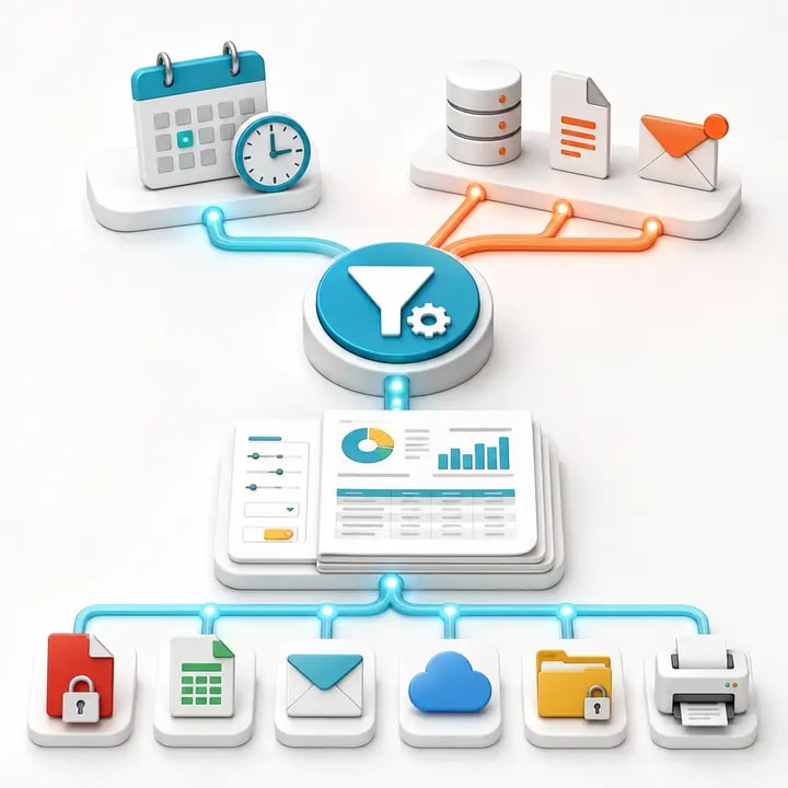 PBRS schedules or triggers paginated reports, applies parameters and delivers secure outputs to multiple destinations.