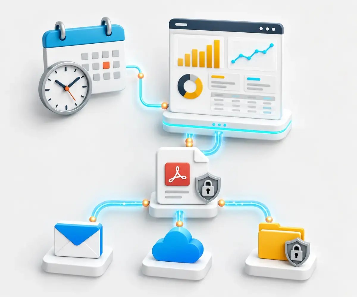 Calendar-triggered Power BI report exported as a secure PDF and automatically distributed by email, cloud storage and secure folder.