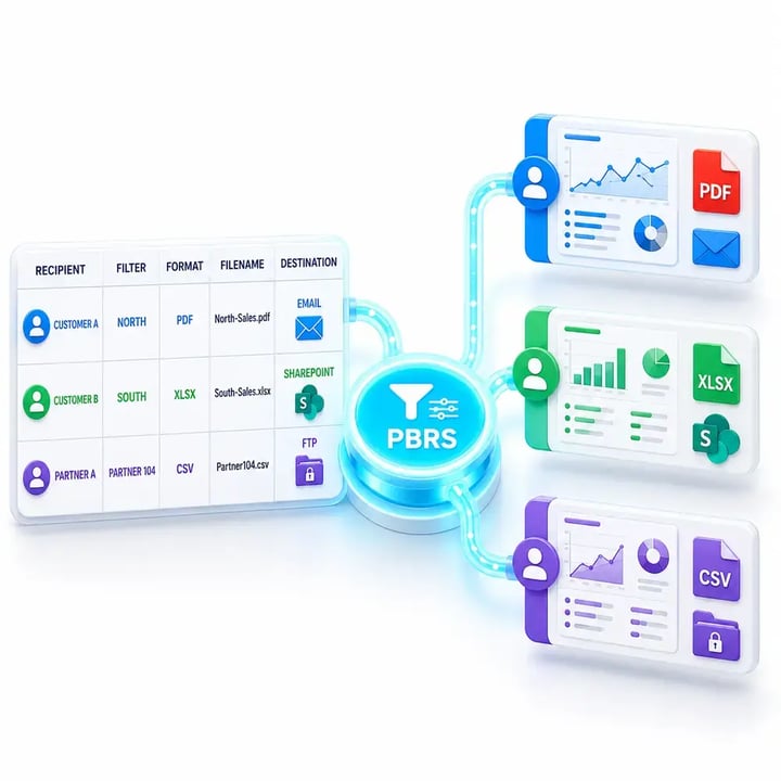 A data table controls recipient filters, formats, filenames and destinations as PBRS generates personalized PDF, Excel and CSV Power BI reports.