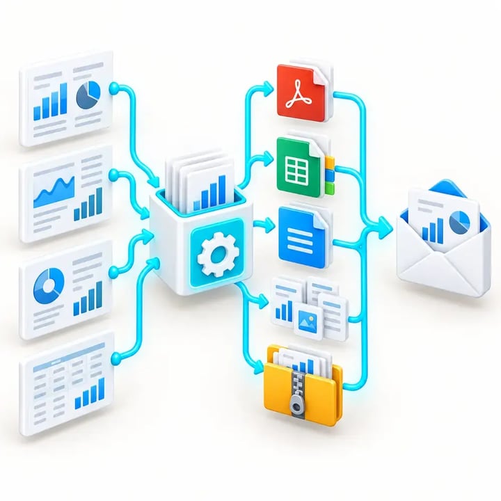 Multiple Power BI reports flow through PBRS and are assembled into personalized PDF, Excel, data-file and secured report packages for delivery.