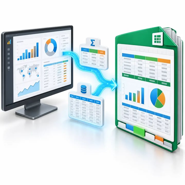PBRS exports summarized and underlying Power BI data into a formatted, multi-tab Excel workbook.