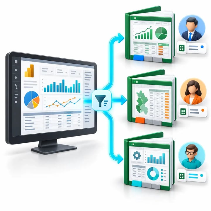 PBRS filters one Power BI report into personalized Excel workbooks containing different data for each recipient.