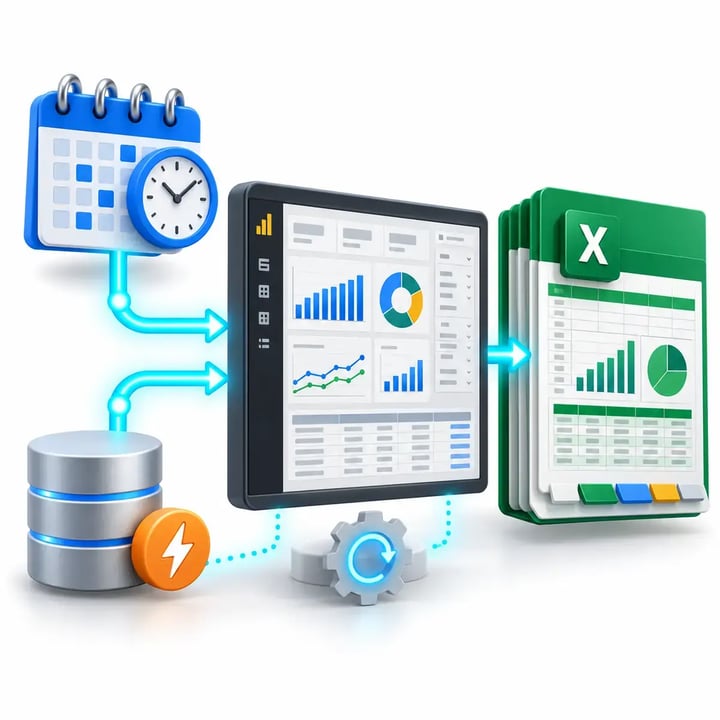 PBRS generates Power BI Excel workbooks automatically on recurring schedules or when database events occur.