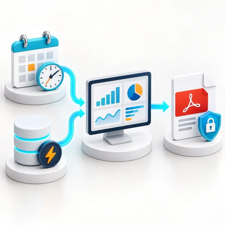 PBRS schedules or triggers a Power BI report workflow, then automatically exports it as a secure PDF.