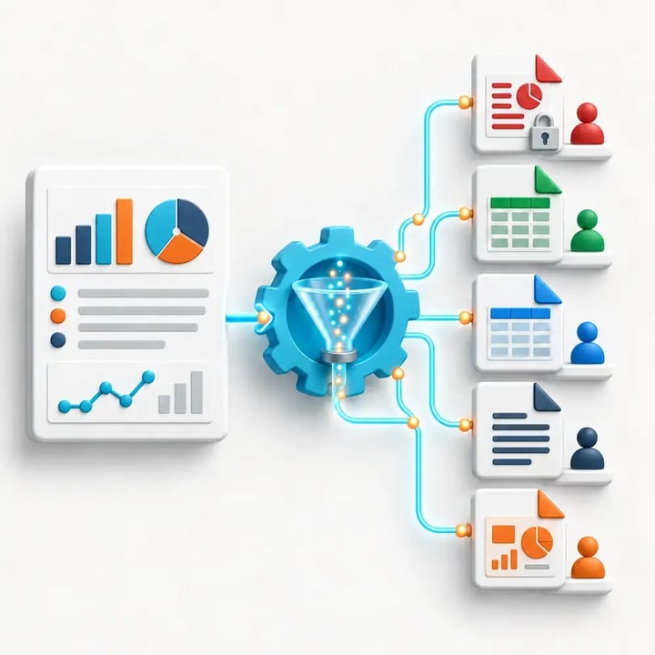 PBRS converts one Power BI report into different secured document, spreadsheet, data and presentation outputs for individual recipients.