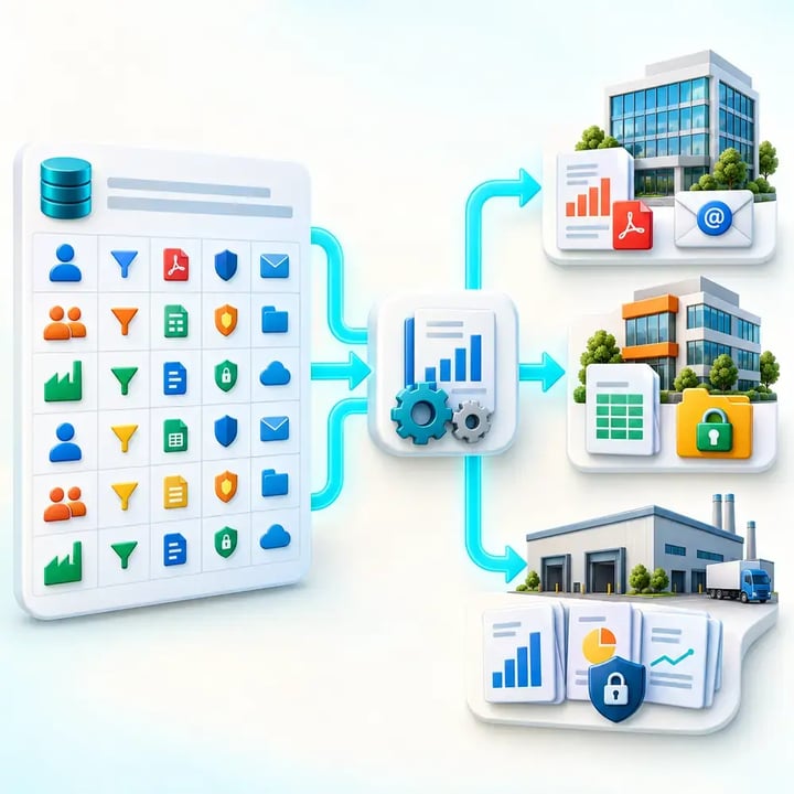 Recipient data controls personalized Power BI report filters, formats, security and delivery for different external organizations.