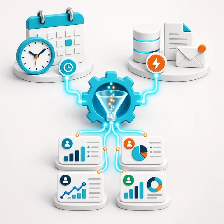 PBRS starts Power BI report bursting from a recurring schedule or qualifying business event, then generates multiple personalized reports automatically.