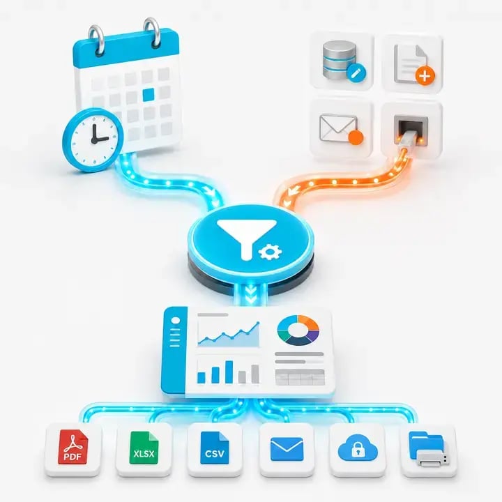 PBRS workflow triggered by a schedule or business event, generating Power BI reports for delivery in multiple formats and destinations.