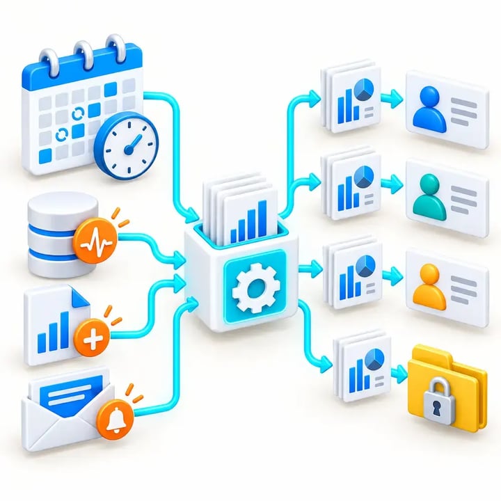 Scheduled times and business events trigger PBRS to generate personalized Power BI reports for different recipients and secure destinations.