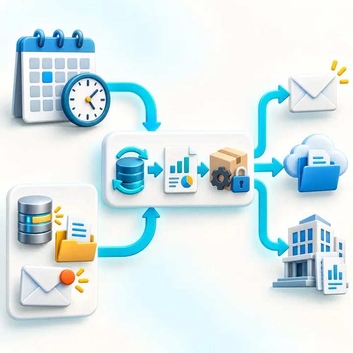 Scheduled or event-triggered workflows refresh data, generate secure Power BI reports and deliver them to external destinations.