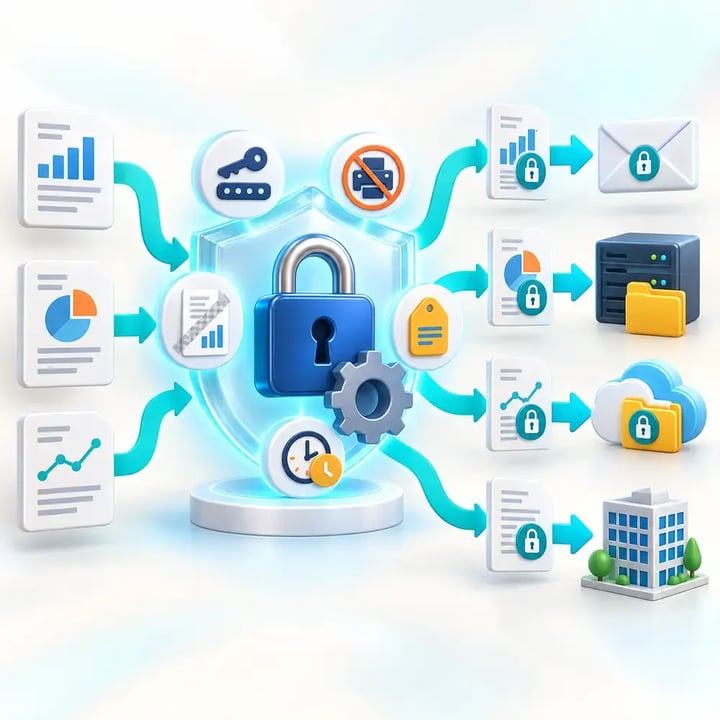 PBRS applies passwords, permissions, watermarks, metadata and expiry controls before delivering protected Power BI reports to external destinations.