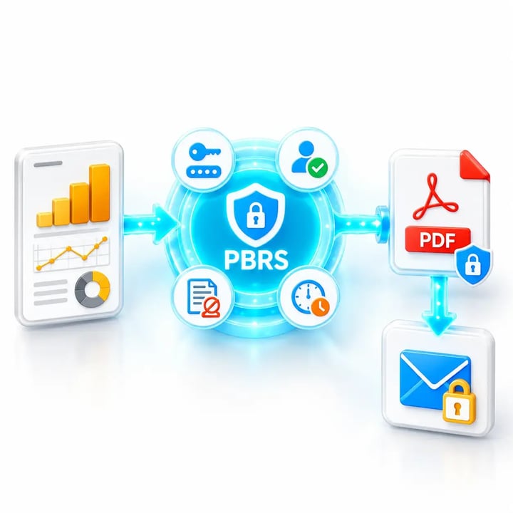 PBRS applies passwords, permissions and expiry controls to a Power BI report before securely delivering the protected PDF by email.