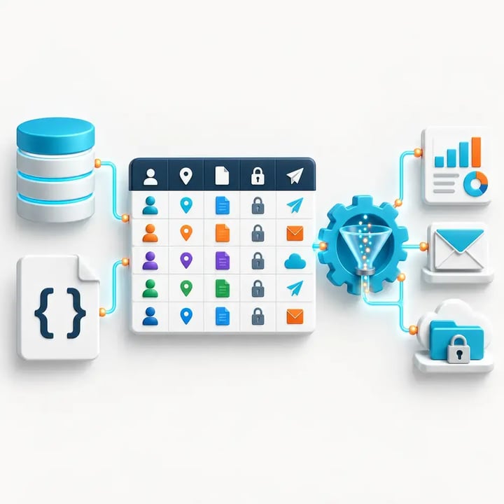 SQL and JSON data sources populate a bursting-rule table that PBRS uses to generate, secure and deliver personalized reports.