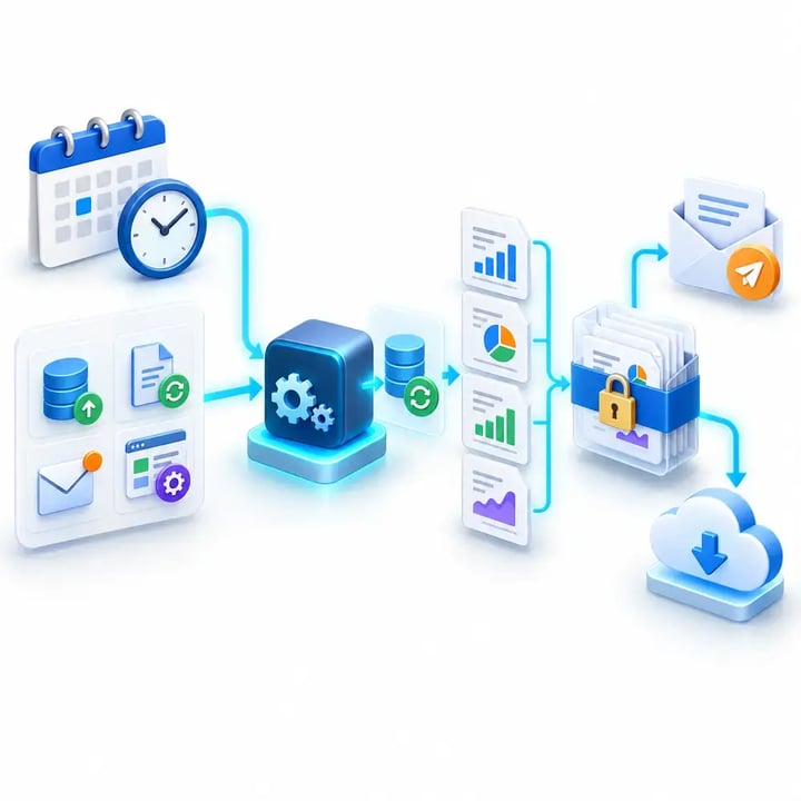 Scheduled and event triggers launch an automated workflow that refreshes data, generates reports, assembles a secure package and delivers it.