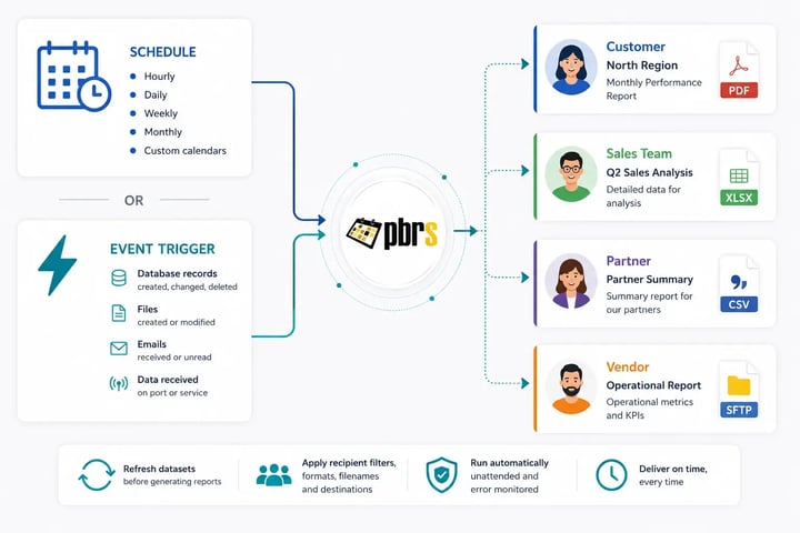 PBRS schedules or triggers personalized Power BI reports and automatically delivers recipient-specific PDF, Excel, CSV and other outputs to customers, teams, partners and vendors.