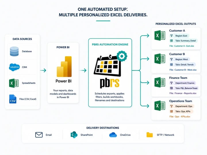 Data sources feed Power BI, then PBRS automatically applies filters and creates personalized Excel workbooks with different tabs, filenames and delivery destinations.