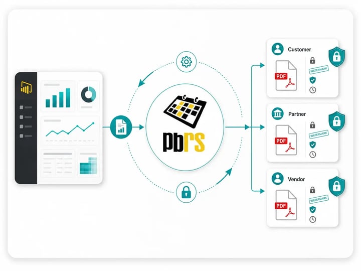 PBRS secures Power BI reports with password protection, permissions, watermarks and expiry controls before delivering them to customers, partners and vendors.