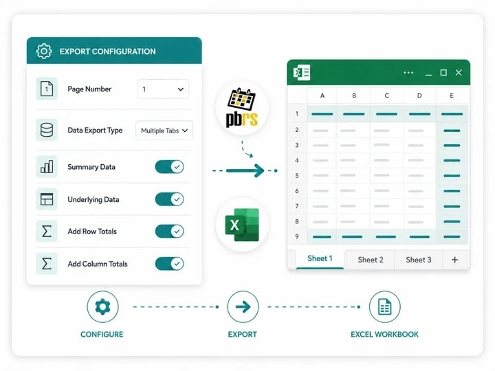PBRS export configuration showing Power BI summary or underlying data, row and column totals, page numbers, and multiple Excel workbook tabs.