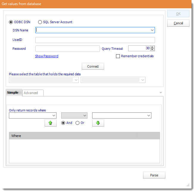 values from database data driven package