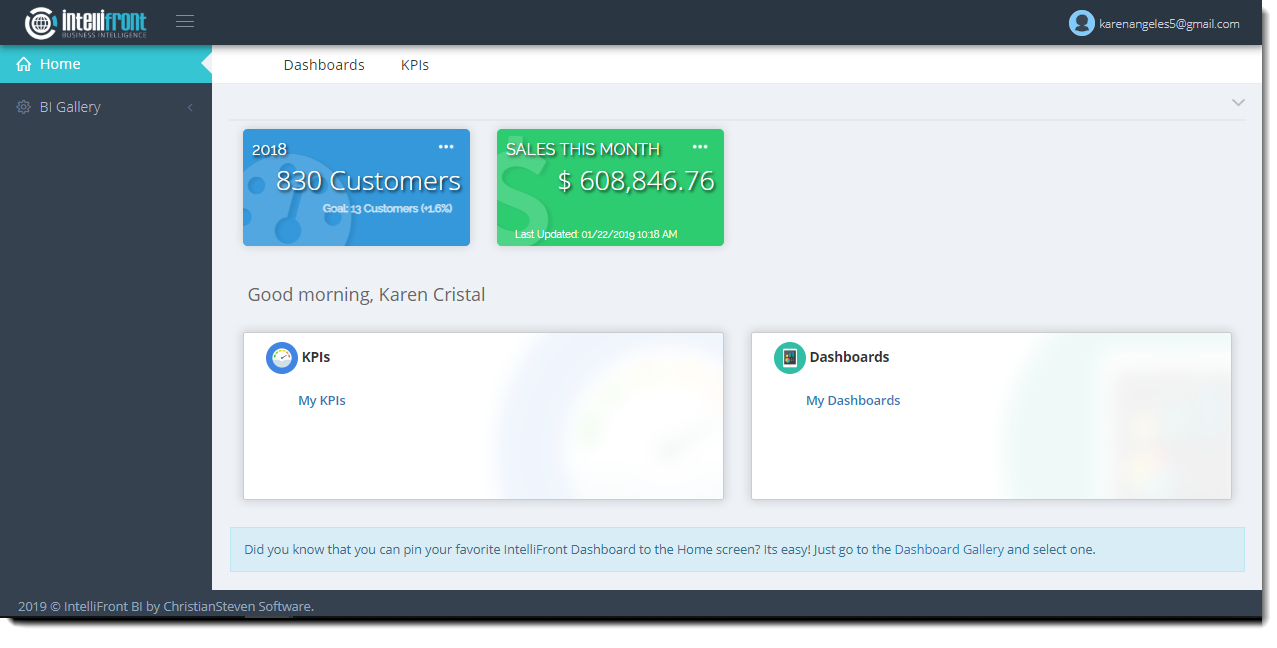 KPI's and Dashboards: Viewing KPI's in User View in IntelliFront BI.