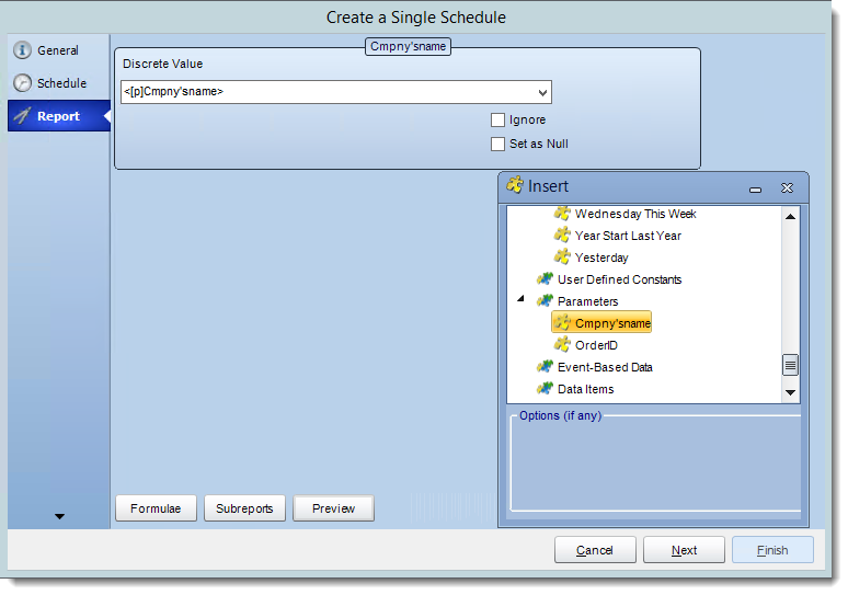Crystal Reports: Report Wizard in Single Report Schedule in CRD.