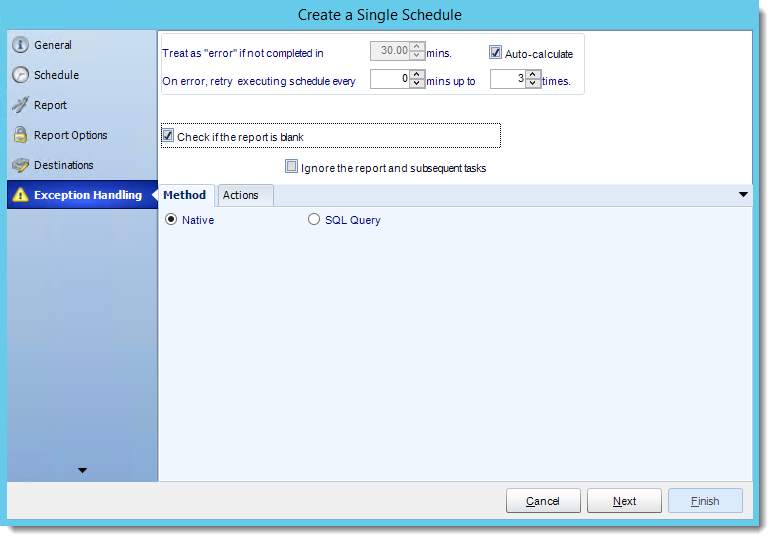 Crystal Reports: Exception Handling Wizard in Single Report Schedule in CRD.