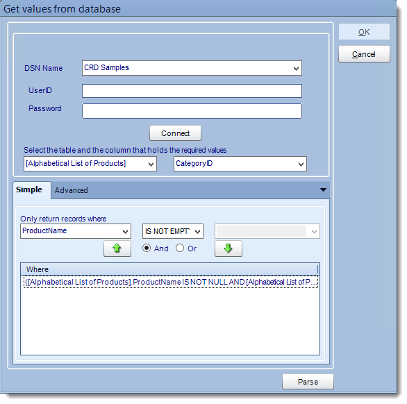 Crystal Reports: Get values from database interface in CRD. 