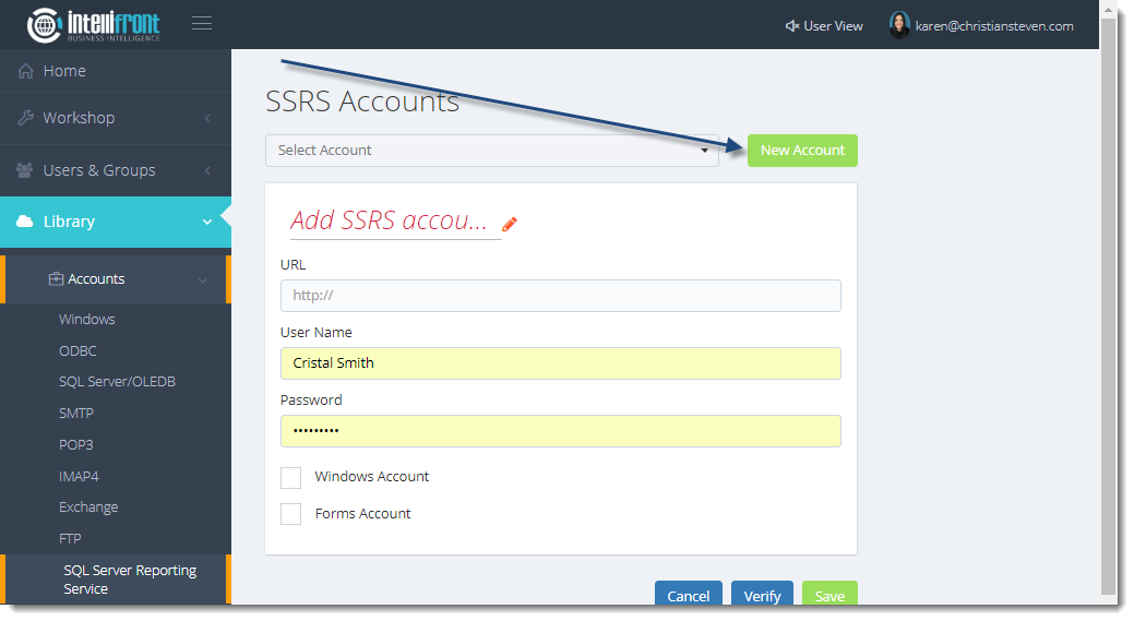 KPI's and Dashboards: SSRS Accounts in IntelliFront BI.