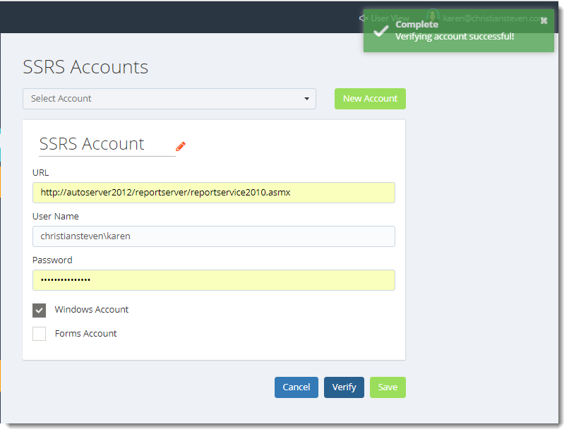 KPI's and Dashboards: SSRS Accounts in IntelliFront BI.