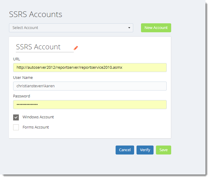 KPI's and Dashboards: SSRS Accounts in IntelliFront BI.