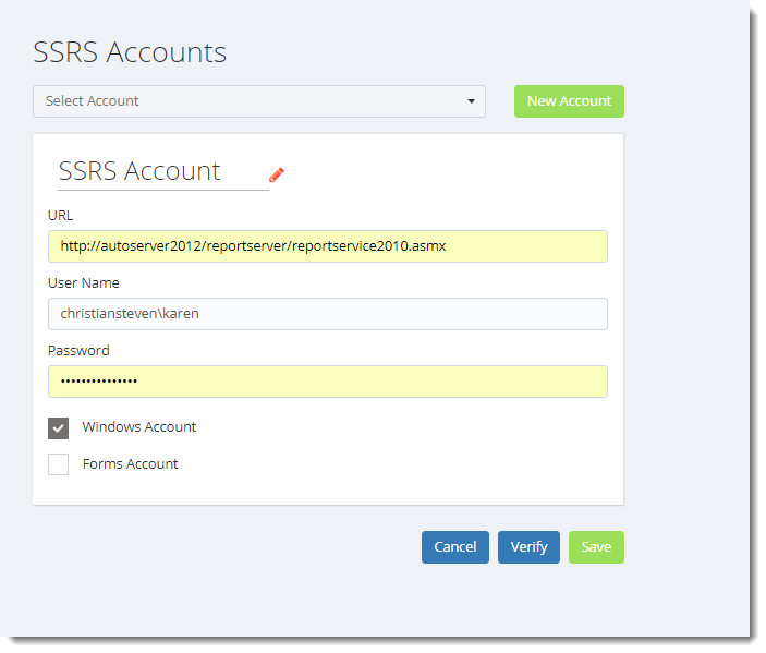 KPI's and Dashboards: SSRS Accounts in IntelliFront BI.