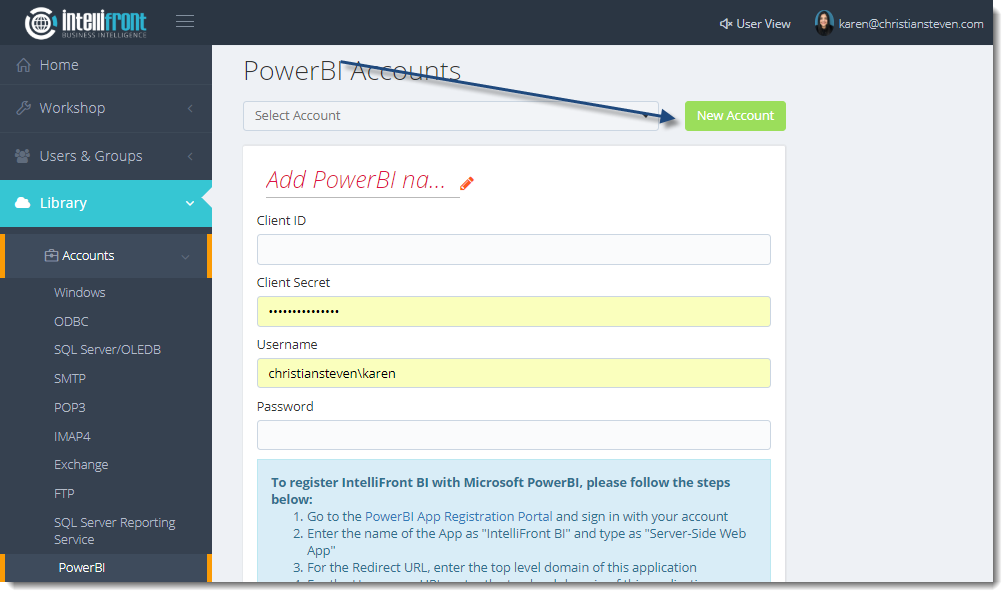 KPI's and Dashboards: Power BI Accounts in IntelliFront BI.