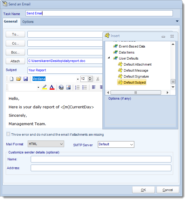 MS Access. Custom Tasks: Send Email in MARS.