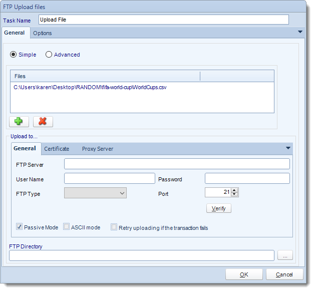 MS Access. Custom Tasks: FTP - Upload File in MARS.