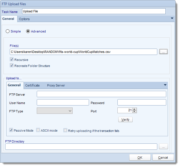 MS Access. Custom Tasks: FTP - Upload File in MARS.
