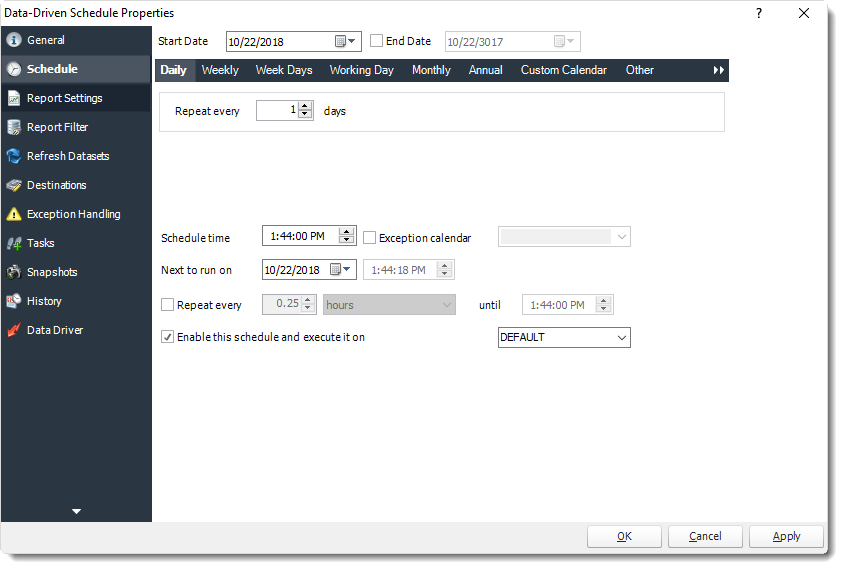 Power BI and SSRS. Schedule Wizard in Data Driven Schedule Properties in PBRS