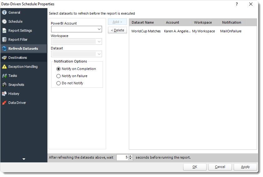 Power BI and SSRS. Refresh Datasets Wizard in Data Driven Schedule Properties in PBRS