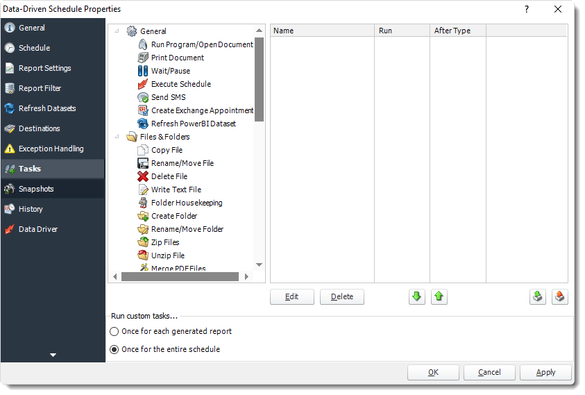 Power BI and SSRS. Tasks in Data Driven Schedule Properties in PBRS