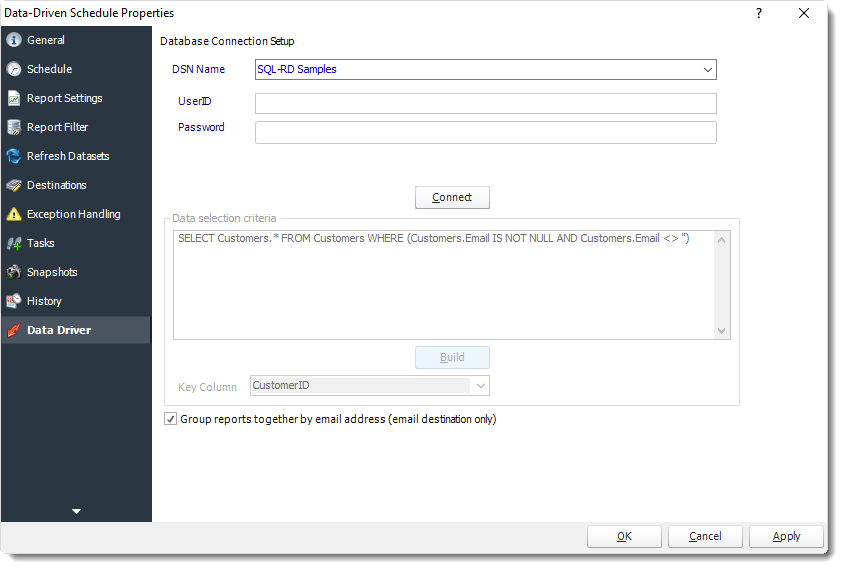Power BI and SSRS. Data Driver Wizard in Data Driven Schedule Properties in PBRS