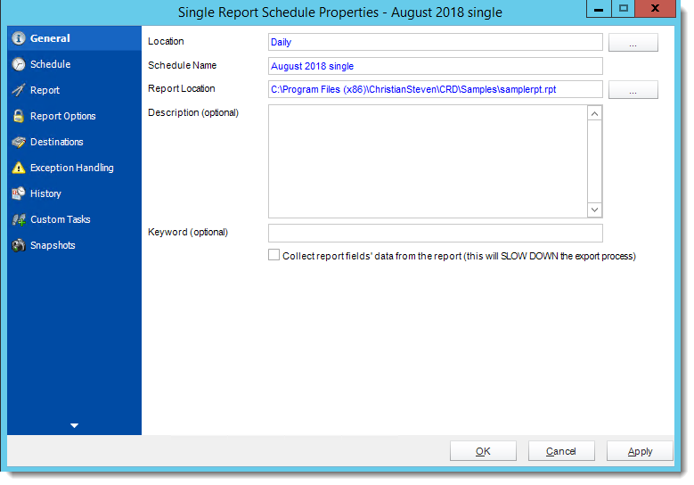Crystal Reports: Single Report Schedule Properties in CRD.