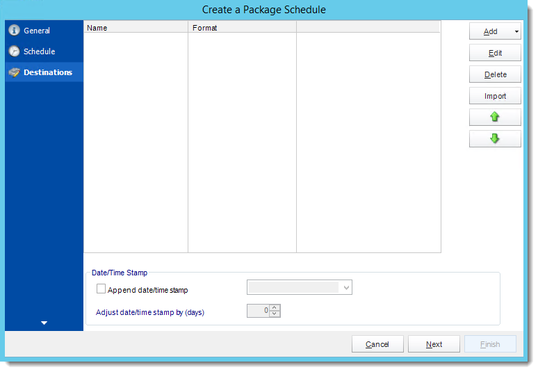 Crystal Reports: Destinations Wizard in Package Report Schedule in CRD.