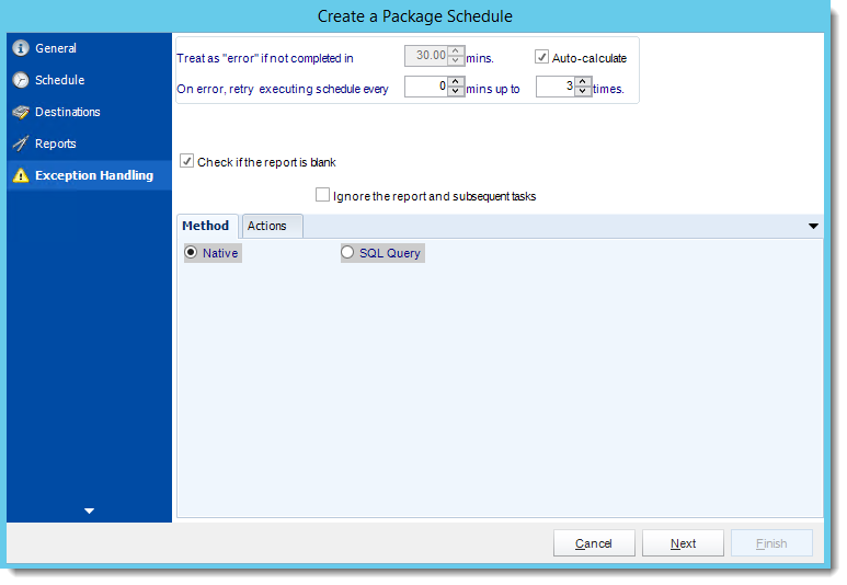 Crystal Reports: Exception Handling Wizard in Package Report Schedule in CRD.