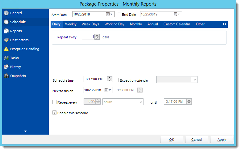 Crystal Reports:  Package Report Schedule Properties in CRD.