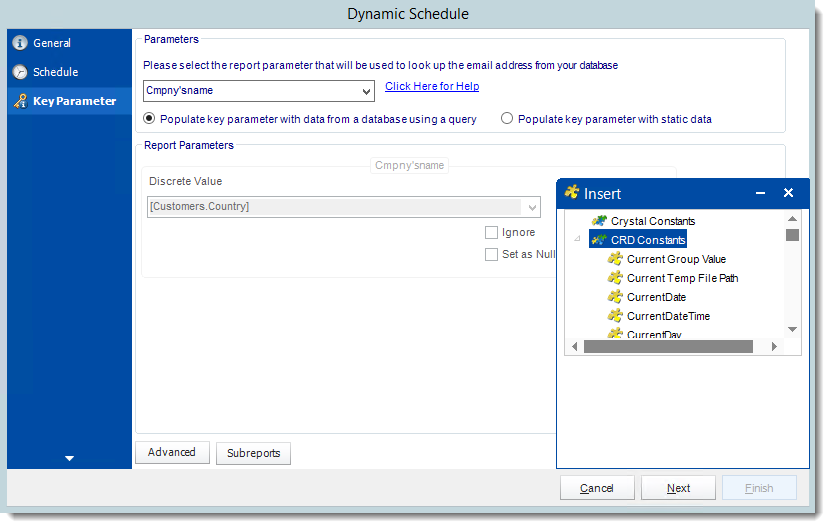 Crystal Reports: Key Parameter Wizard in Dynamic Schedule Report in CRD.