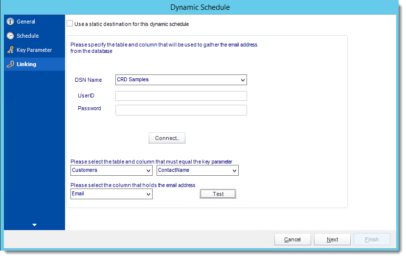 Crystal Reports: Linking Wizard in Dynamic Schedule Report in CRD.